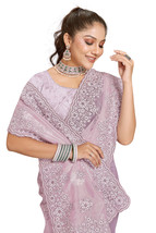 Designer Pink Glitter Coding Embroidery Work Sari Organza Party Wear Saree - £82.92 GBP