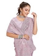 Designer Pink Glitter Coding Embroidery Work Sari Organza Party Wear Saree - £82.53 GBP