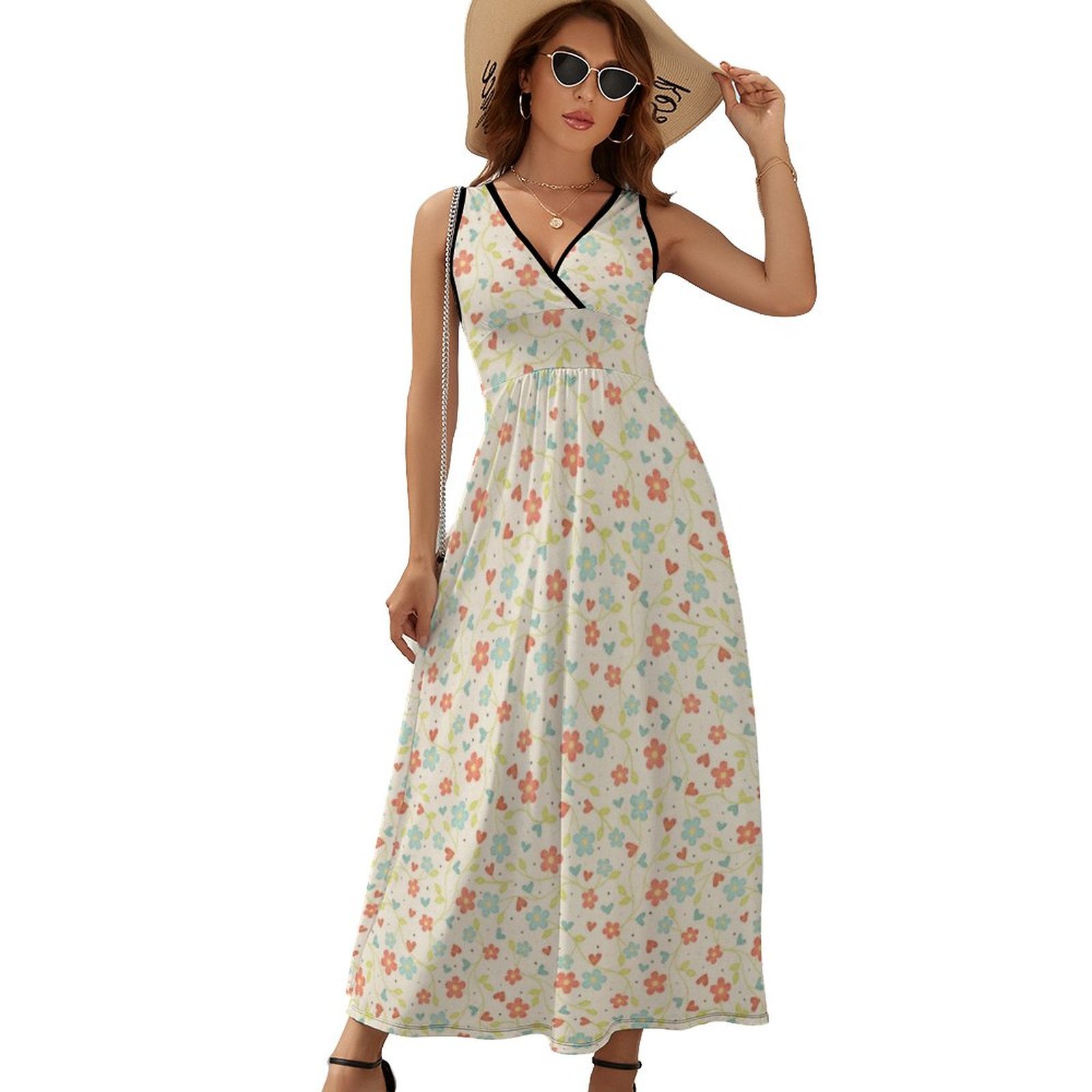 Mondxflaur Spring Floral Summer Dresses for Women V-neck Sleeveless Long Dress