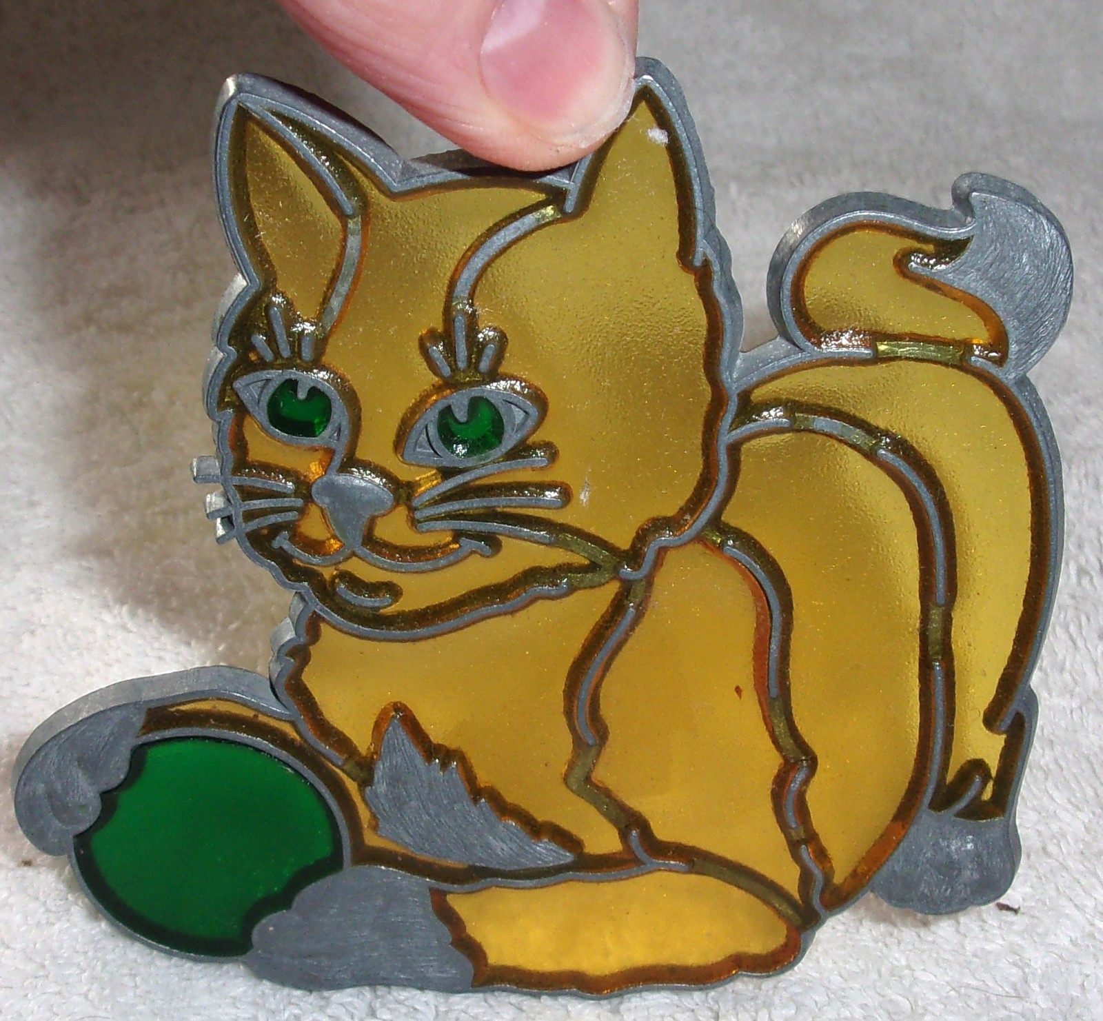 Vintage Stainglass Yellow Kitten With Green Ball Suncatcher - $5.99