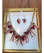 RED &amp; CRYSTAL GOLD OVAL NECKLACE &amp; DANGLE EARRINGS SET, Boxed Set, Ships... - $29.35