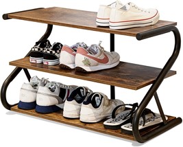 Three-Tier Shoe Rack, Z-Frame Wooden Shoe Shelf With Sturdy Metal Shelve... - £64.20 GBP