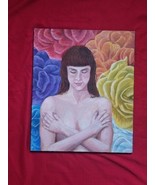 Walter Holtzman 70s Women&#39;s Portrait Original Oil Painting bold floral 2... - £300.71 GBP