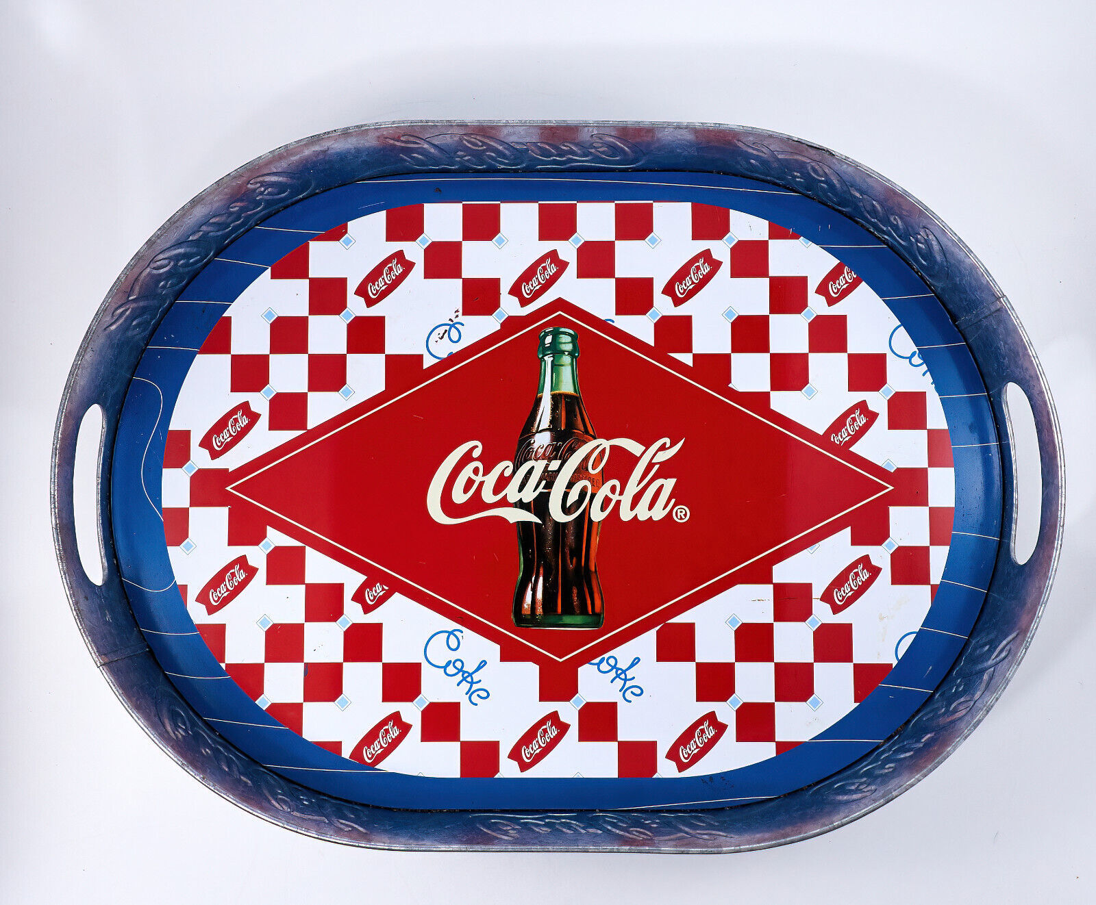 Coca-Cola Oval Serving Tray Galvanized Metal 16" Silver w/Handles On Sides 2003 - £10.29 GBP