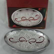 Lenox Holiday Carved Small Silver Oval Serving Tray with Red Bow 10 &quot;  2... - £8.11 GBP