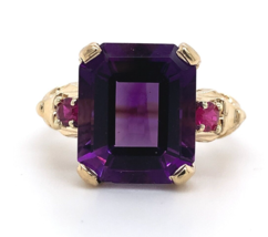 Retro 5.24ct Genuine Natural Amethyst 14k Yellow Gold Ring with Rubies (#J5855) - £856.57 GBP