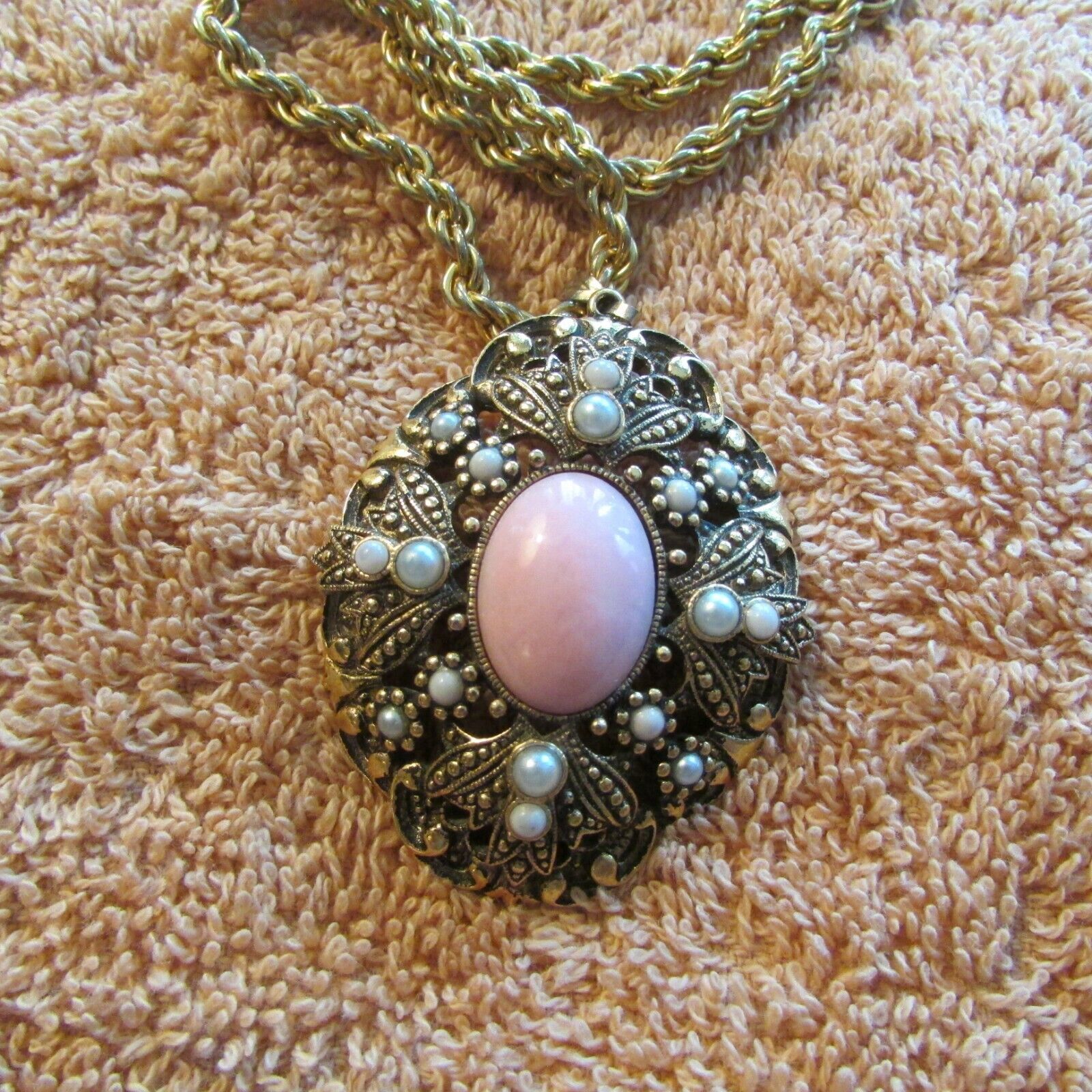 necklace AVON 24" ROPE-LIKE CHAIN + 2" PENDANT w/pink stone & sm pearls (jewel5) - $34.65