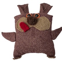 Handmade Owl Plush Toy Brown Herringbone Pattern &amp; Button Eyes 8.5 in Vintage - $15.29