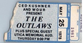 The Outlaws Concert Ticket Stub May 25 1978 Utica New York - £27.23 GBP