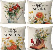 Spring Pillow Covers 18X18 Inch Set of 4 Cardinal Floral Throw Pillowcase Hello - £25.86 GBP