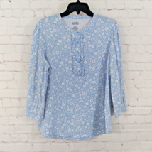 Croft and Barrow Top Womens Large Blue Floral 3/4 Sleeve Ruffle Henley Casual - £15.72 GBP