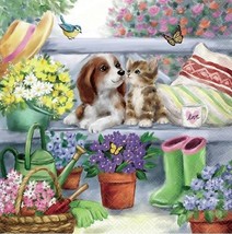 4pcs Decoupage Napkins, 33x33cm, Cute Dog and Cat on Bench in the Garden,Flowers - £3.54 GBP