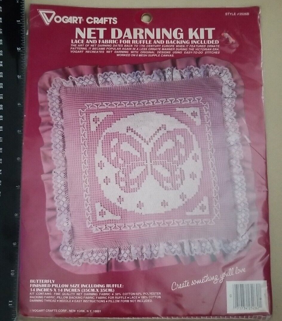Primary image for Butterfly Pillow Kit Lace Net Darning 2526B Embroidery Kit Pink Vogart Crafts