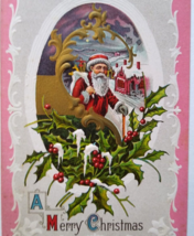 Santa Claus Christmas Postcard Pink Border Lions Head Series 119 Embossed - £11.52 GBP