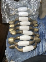 9 Vintage Porcelain &amp; Brass Drawer Cabinet Bin Handles/Pulls - $24.99