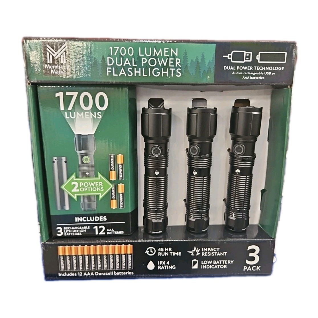 Member’s Mark 3PC 1700 Lumen Dual Power LED Flashlight Set - Rechargeabl... - $45.90