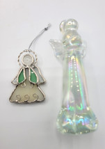 2 Christmas Angels Iridescent Glass Figurine &amp; Stain Glass Ornament Small - £19.62 GBP