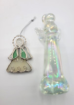 2 Christmas Angels Iridescent Glass Figurine &amp; Stain Glass Ornament Small - £19.26 GBP