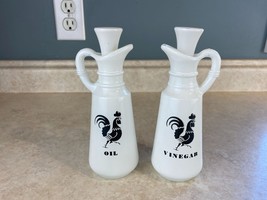 Vintage Roaster White Glass Oil And Vinegar Pourable Mini Jugs With Glas... - $20.36 CAD