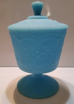 Vintage Fenton Wild Strawberry Blue Satin Footed Bowl with Lid - $79.69
