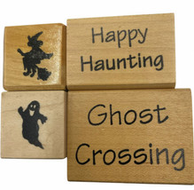 Halloween Rubber Stamps Lot of 4 Ghost Witch &quot;Happy Haunting&quot; &quot;Ghost Crossing&quot; - £15.44 GBP