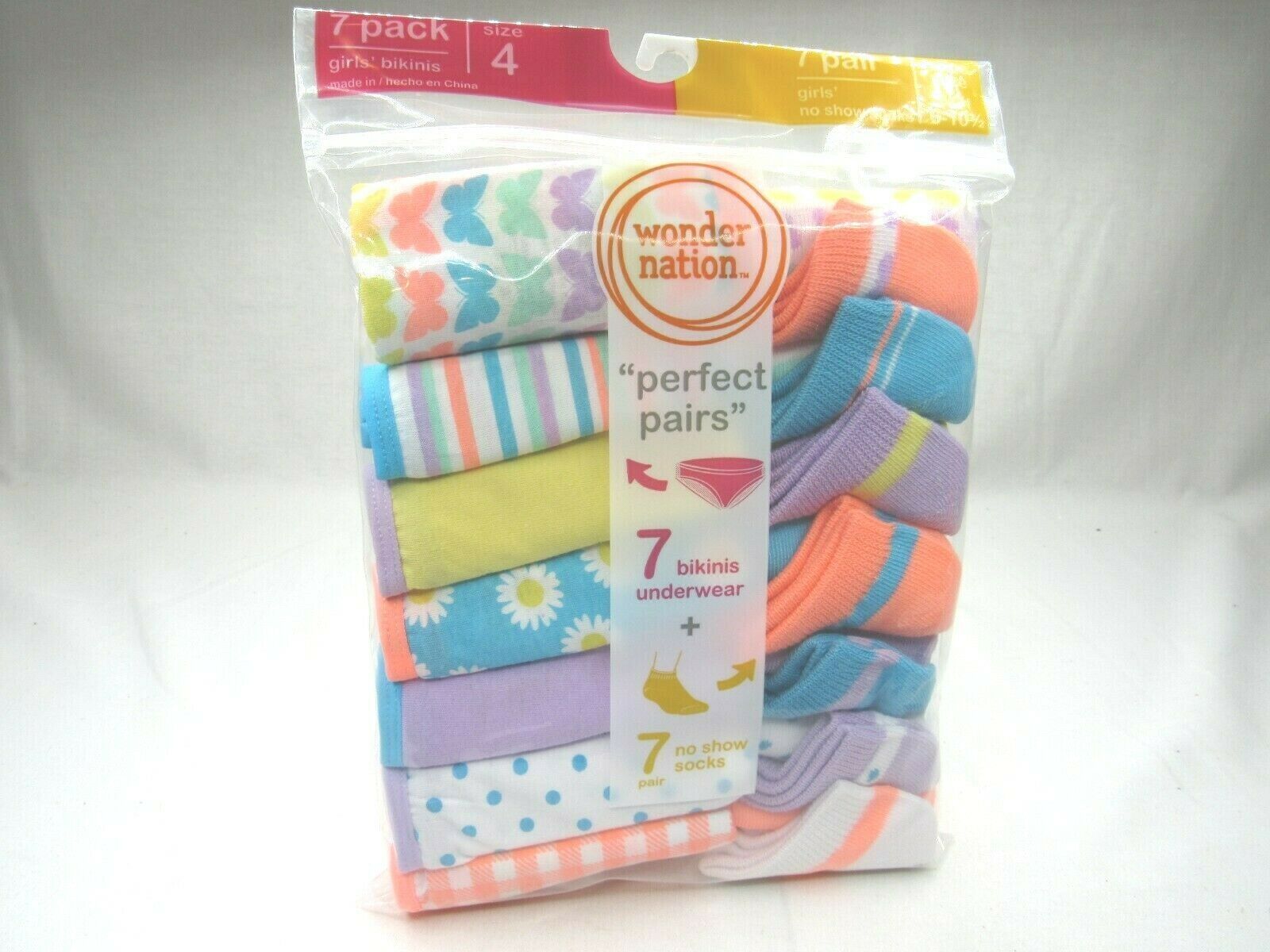 Wonder Nation Perfect Pairs Girl 7 Pack Underwear 7 Pair No Show Sock Size  4 NEW