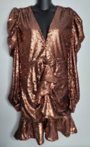 Boohoo Copper Sequin Mini Dress Womens Sz 6 NEW Plunge Ruched Detail Lon... - $29.99
