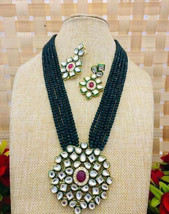Indian Bollywood Style Gold Plated Kundan Long Pendent Bridal Green Jewelry Set - £15.00 GBP