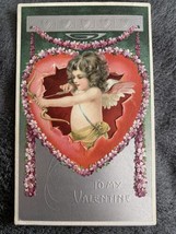 To My Valentine Cupid Shooting Arrow Silver Embossed Postcard Germany c1910s - £12.70 GBP