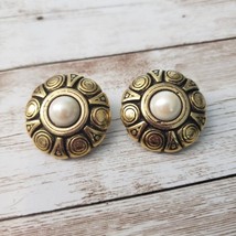 Vintage Clip On Earrings Statement Ornate Design Circle Gold Tone &amp; Faux Pearl - £11.18 GBP