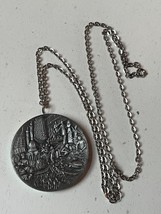 Vintage Long SIlvertone Chain w Large Selangor Pewter Thick Round Pendant Neckla - £11.70 GBP
