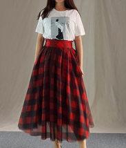Red Long Plaid Skirt Holiday Outfit Women Custom Plus Size Tulle Plaid Skirt image 4