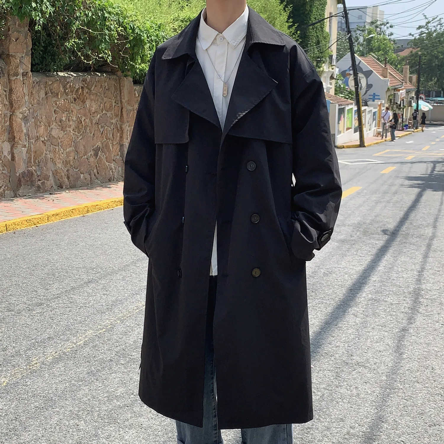British Long Coat Men Loose Casual Double-breasted Overcoat Autumn Winter Fashio - £165.08 GBP