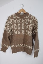 Vtg British Wool M 36-38&quot; Brown Geometric Curling Fair Isle Chunky Sweater - £76.60 GBP