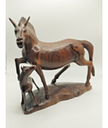Large Hand Carved Wood Horse And Foal Figure, Handmade Wooden Horse Carving - $2,344.87 MXN