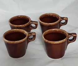 Hull USA Brown Drip Glaze Pottery Oven Proof Coffee Mug Cup Vintage Set of 4 - £34.83 GBP