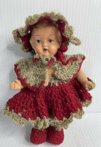 Vintage Porcelain Baby doll 7” made in occupied Japan Crochet Red, Dress And Hat - £34.86 GBP
