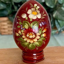 Vintage Russian Hand Painted Red Lacquer Wooden Egg on Stand Floral Flowers 2.75 - £18.28 GBP