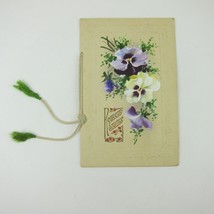 Victorian Christmas Card Remembrance Pansy Flowers Purple Embossed Booklet Style - £15.72 GBP