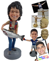 Personalized Bobblehead Happy lady catching a nice big fish wearing a vest - Spo - £71.97 GBP