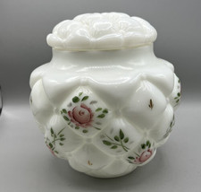 Milk Glass Bowl with Lid Quilted Style Hand Printed Roses Leaves 8 x 5 Ins. - £40.59 GBP