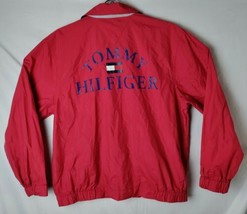 Tommy Hilfiger Men M Red Big Logo On Back Full Zipper Bomber Jacket Vintage - £54.73 GBP