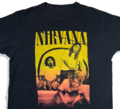 Vintage Nirvana Kurt, Krist &amp; Dave over 3-Color Sunset Smiley, LARGE Black Tee - £20.81 GBP