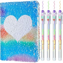 Sequin Notebook Set With 4 Pieces Color Gel Ink Pens Reversible Diary Flip Sequi - £25.56 GBP