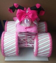 Pink and White Zebra Themed Baby Shower Decor Four Wheeler Diaper Cake Gift - £71.11 GBP