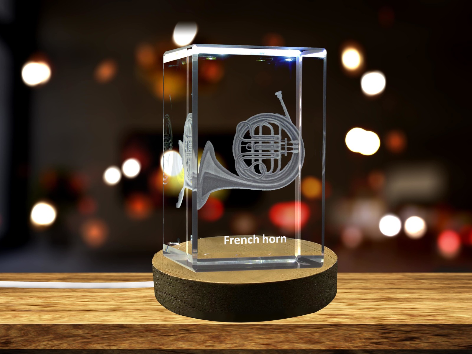 LED Base included | French Horn 3D Engraved Crystal 3D Engraved Crystal Keepsake