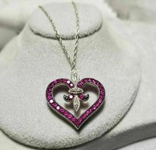 2Ct Round Cut CZ Pink Ruby Heart Pendant 14K White Gold Finish 18&quot; Free Chain - £142.67 GBP