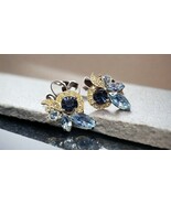 EISENBERG ICE Gold Tone Blue Rhinestone Clip Earrings Vintage Signed - $69.99 CAD