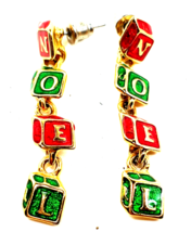 Vintage Gold Color &amp; Enamel Dangling NOEL Pierced Earrings - £12.74 GBP