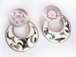 Unique Artisan Mother Of Pearl Inlay Alpaca Mexico Silver Pierced Earrings - £10.07 GBP
